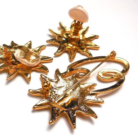 Vintage Jewelry Set Sun Brooch and Cilp-on Earrings accessories gifts - Picture 4 of 9